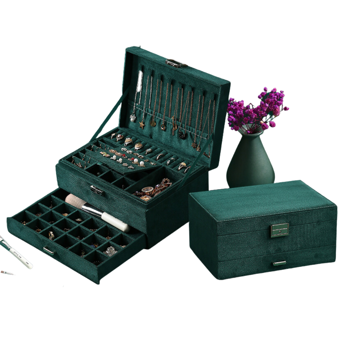 3 layer Velvet Jewellery Box for Women (Green)