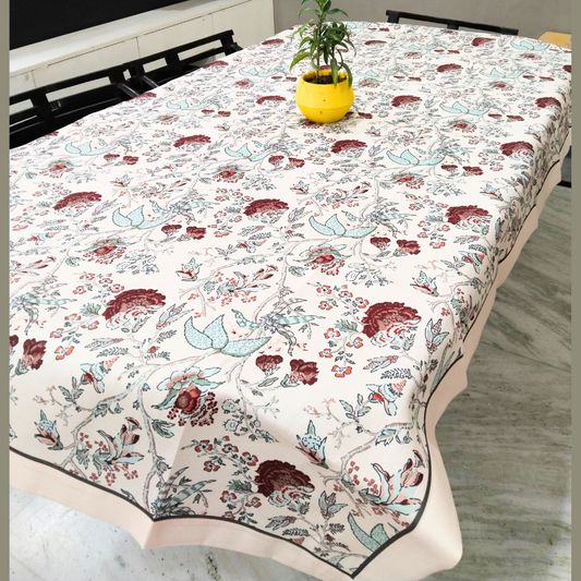 Maroon floral printed 6 seater cotton  dining table cover 