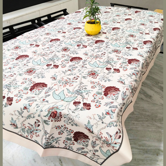 Maroon floral printed 6 seater cotton  dining table cover