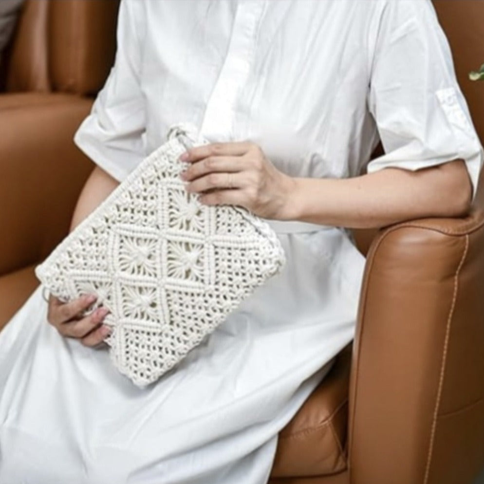 white-color-Macrame-Knotted-hand-Bag