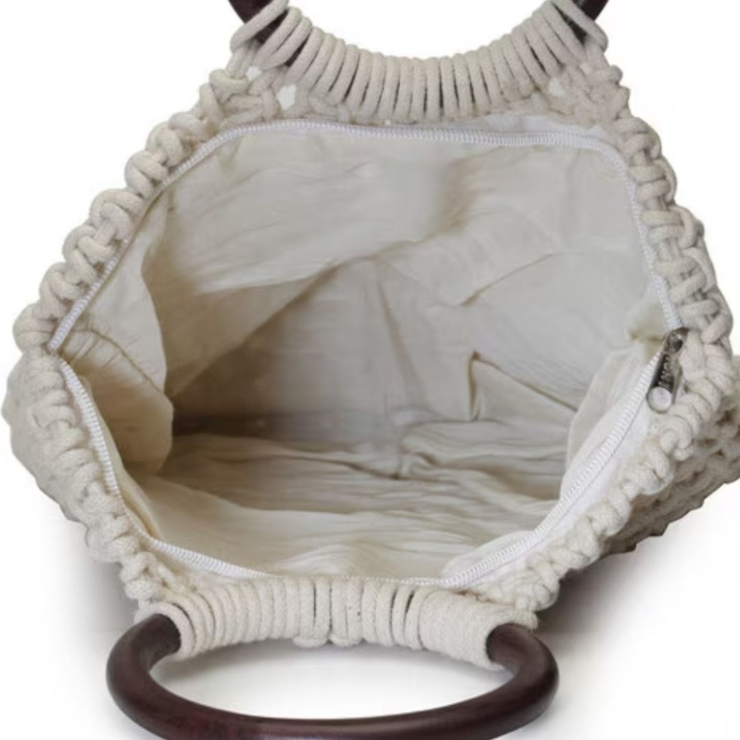 Macrame Knotted hand Bag with wooden handle