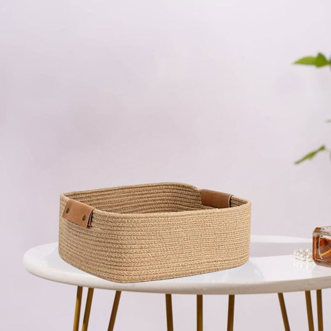 Woven basket made from soft cotton rope.