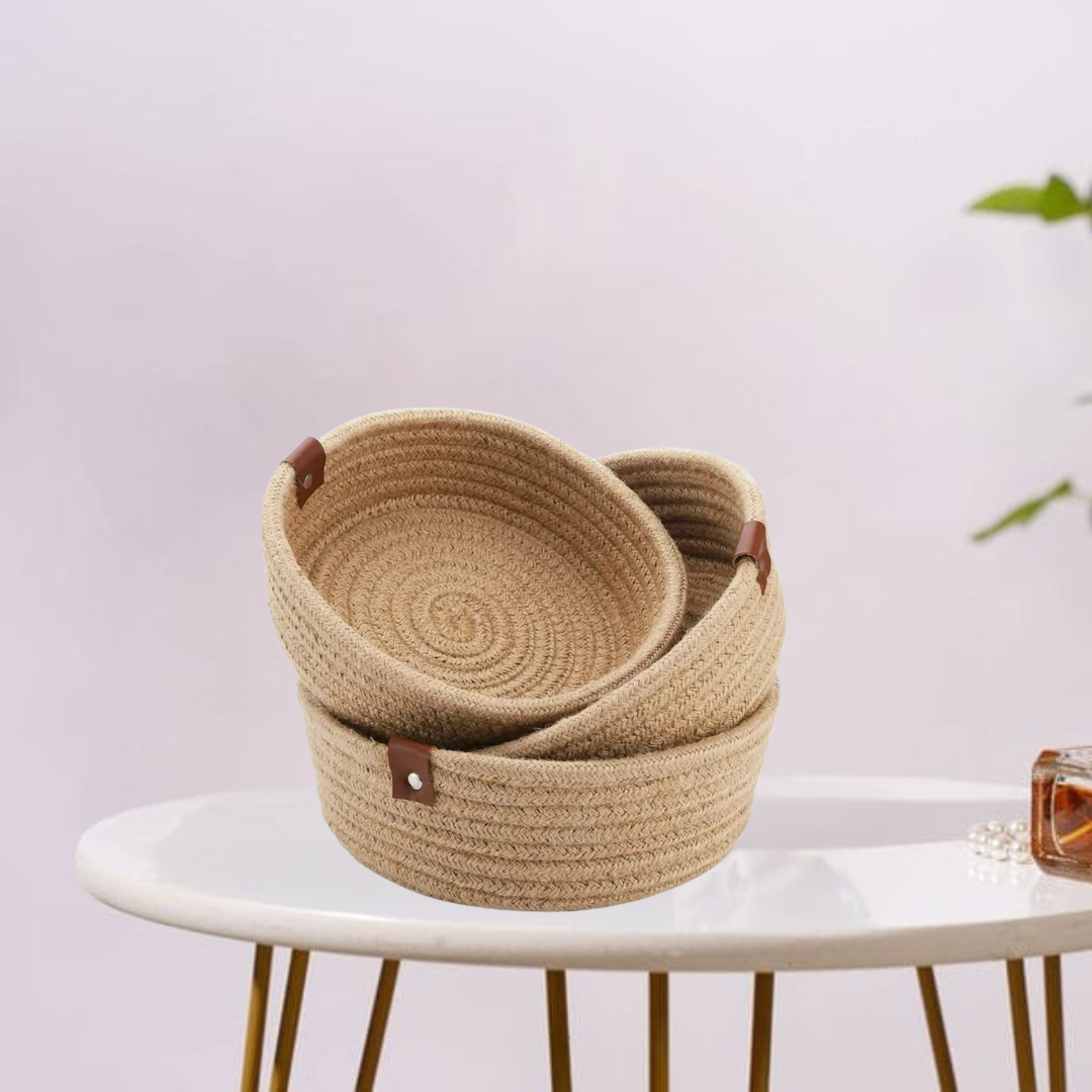 Decorative storage basket made of cotton rope, blending function and style.