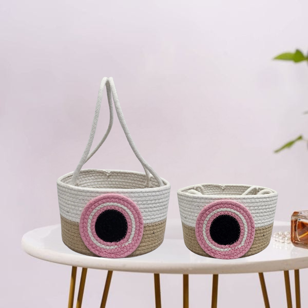 Jute basket with blue and white evil eye motif for protection and style.