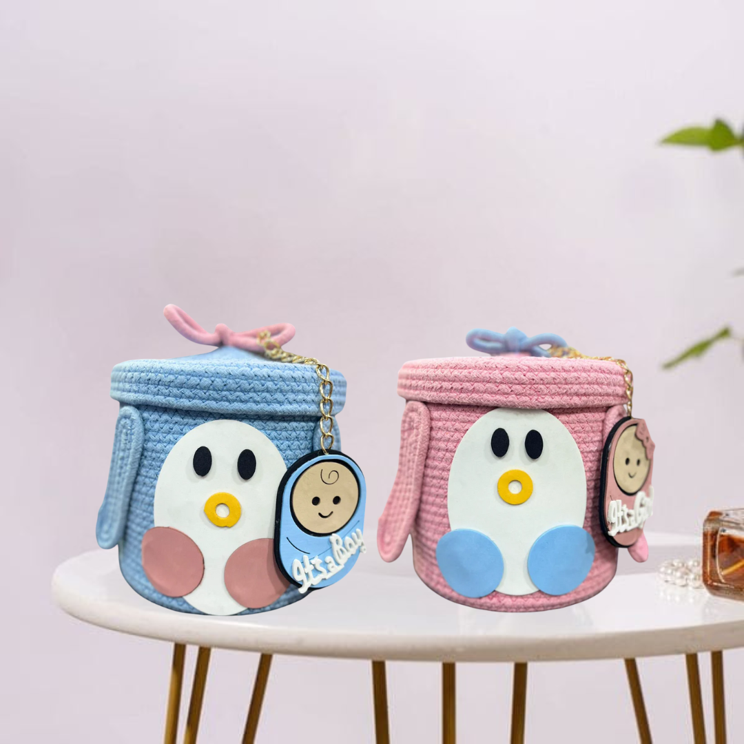 Newborn gift basket decorated for a baby boy announcement, Newborn gift basket styled for a baby girl reveal.