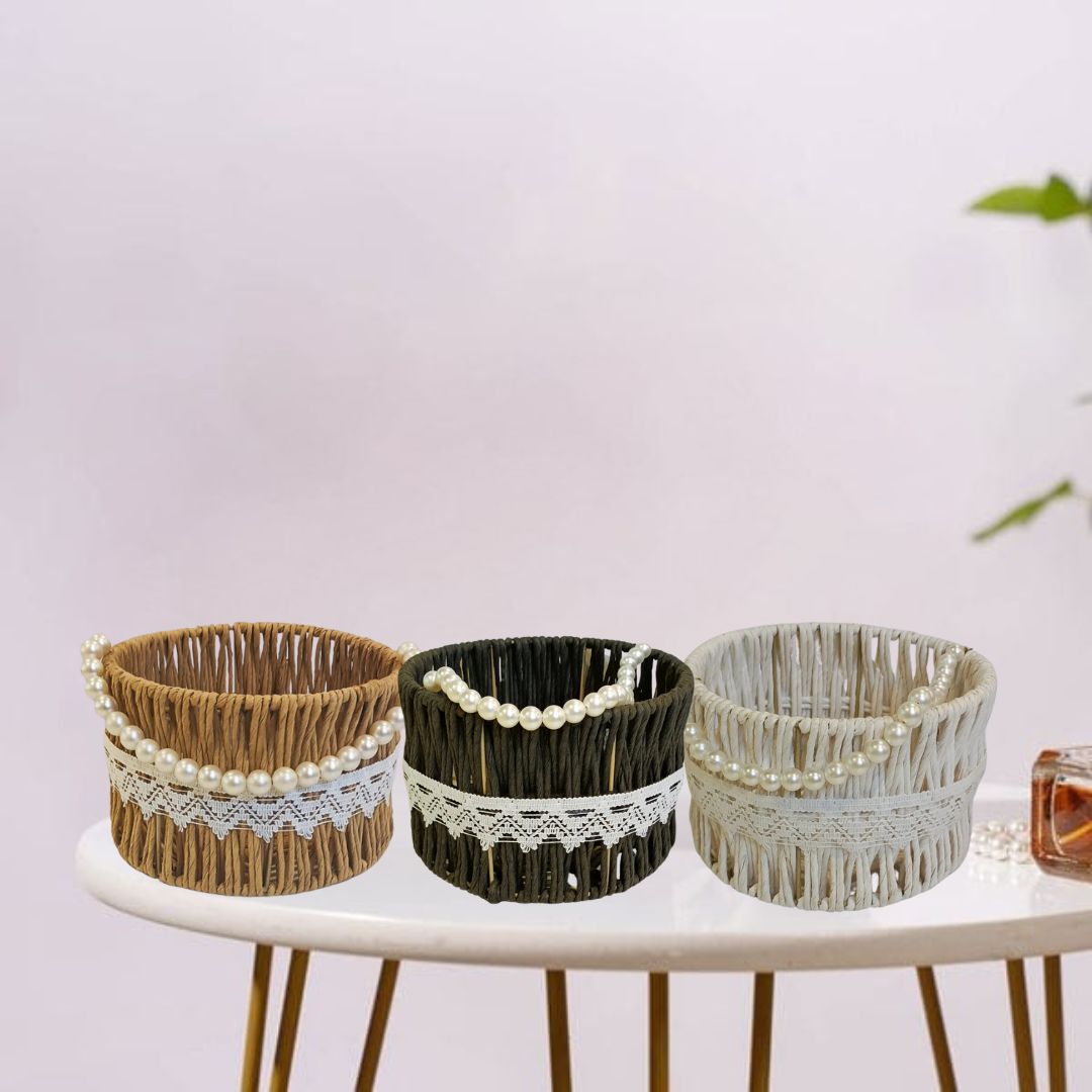 Raffia basket with white beaded handle.