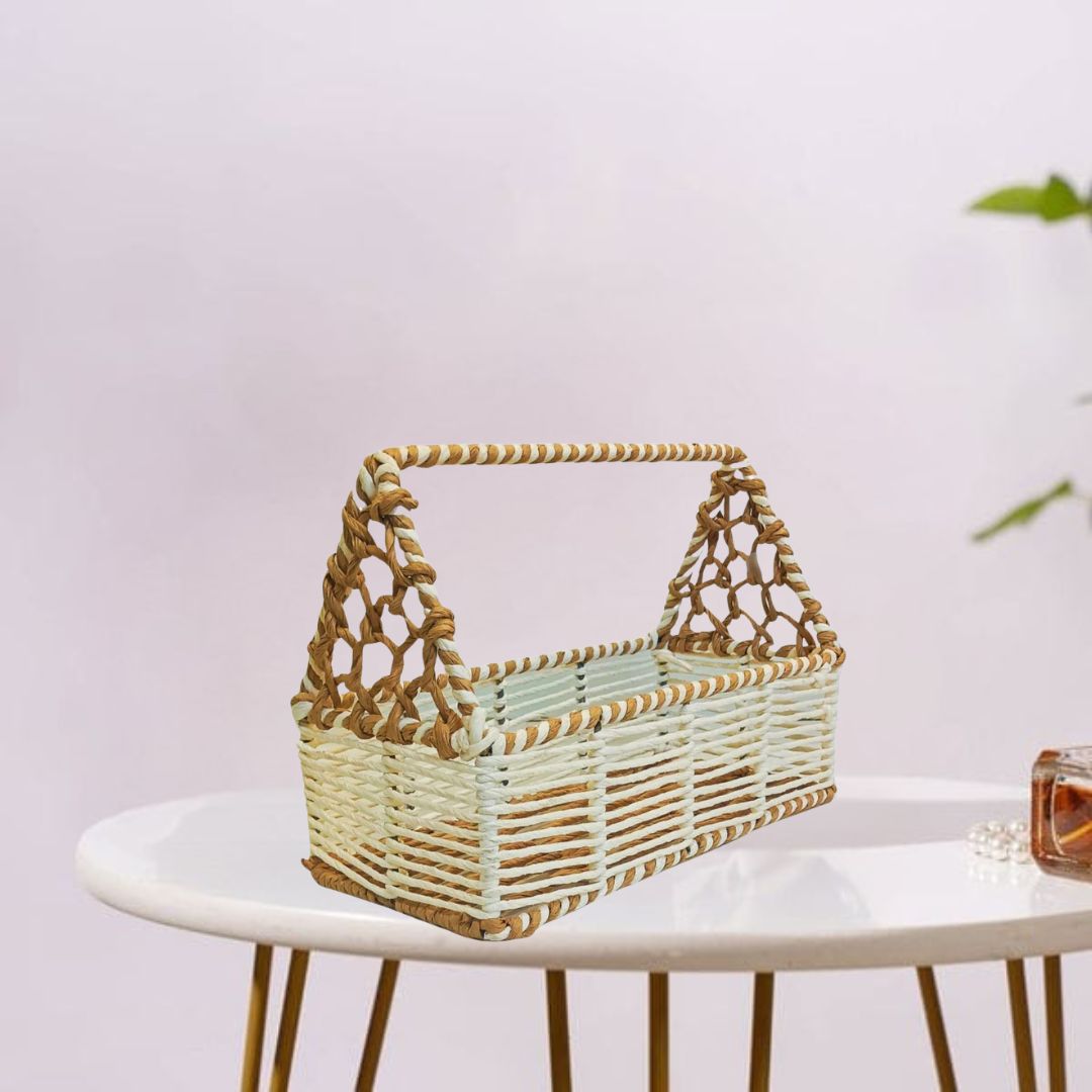 This is a rectangular woven basket with a sturdy handle and open, net-style sides. It has a natural, rustic charm—ideal for picnics, home decor, or organizing small items!