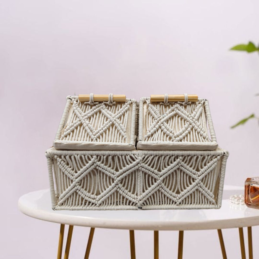 Bohemian-style macramé basket crafted with soft, knotted cord and an airy, woven texture—perfect for adding a handmade touch to any space.”