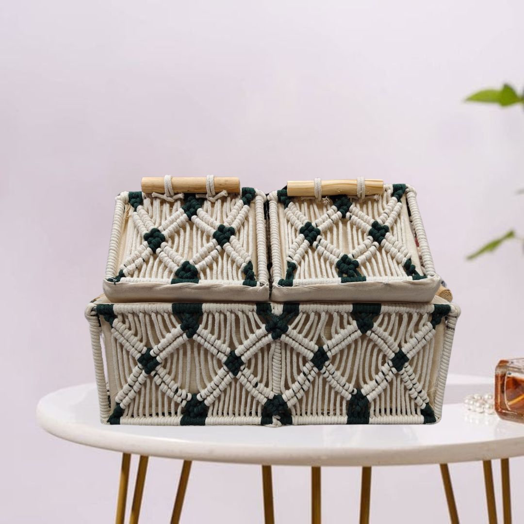 “Artisanal macramé basket showcasing a delicate open-weave pattern and minimalist aesthetic.”