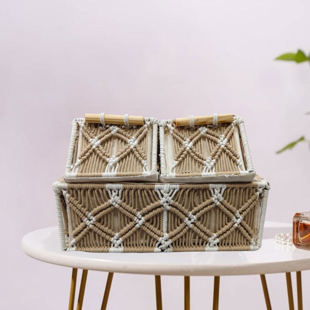 Woven macramé basket made from natural cotton cord, perfect for storage or decorative use.”