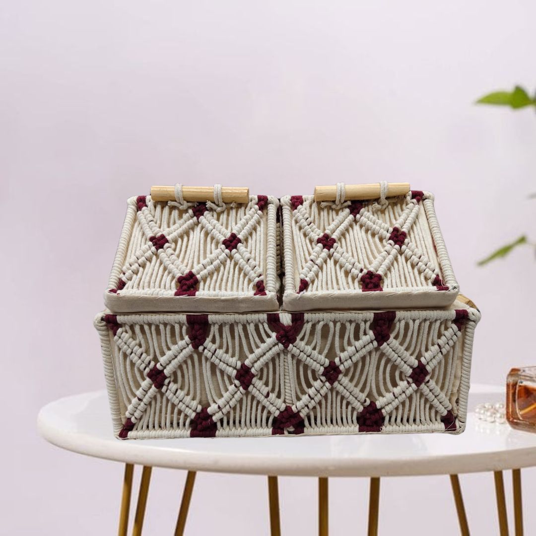 “Neutral-toned macramé rope basket with a sturdy, textured design and looped handles.”