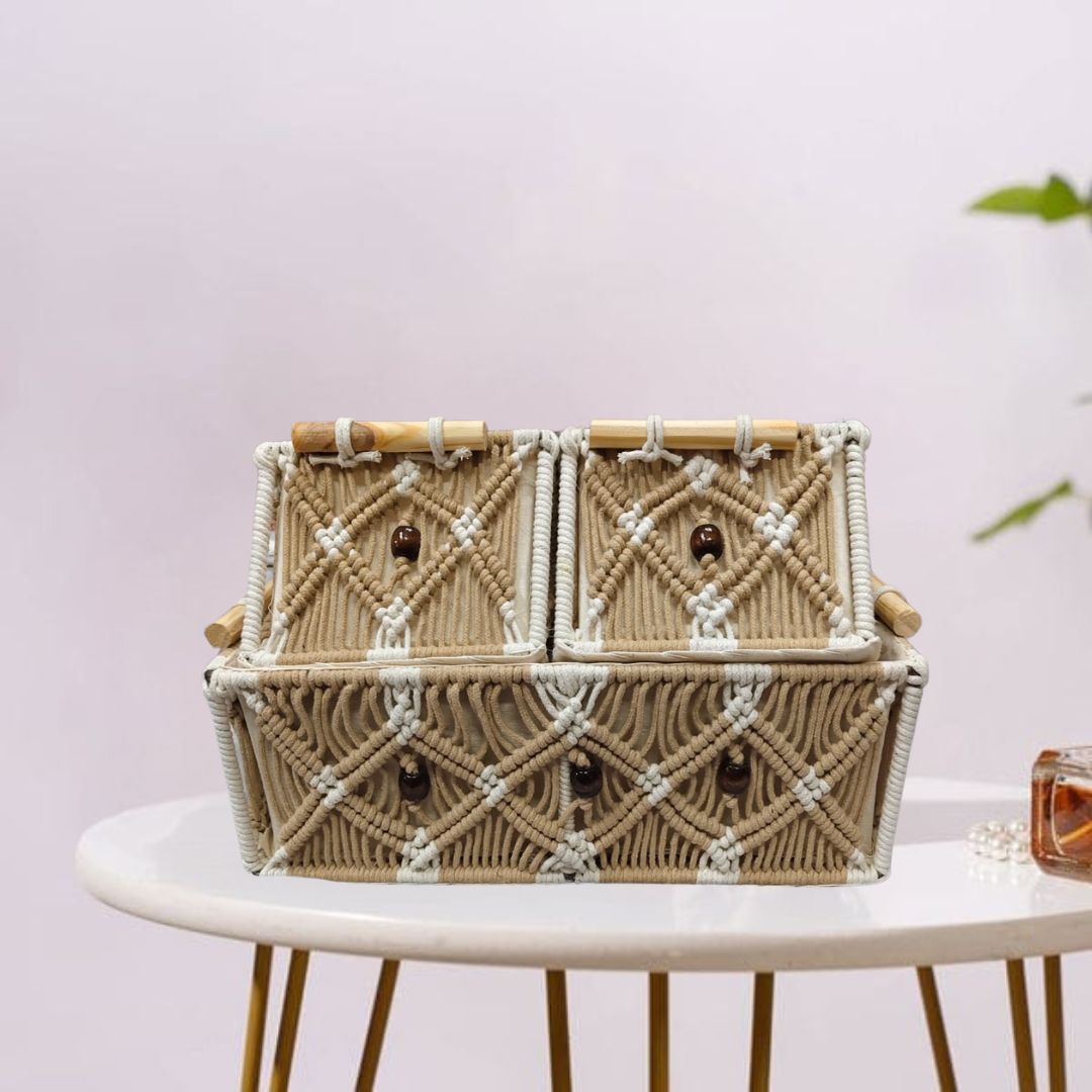 “Handmade macramé basket with intricate knotted patterns, adorned with decorative beads and featuring a boho-style design.”