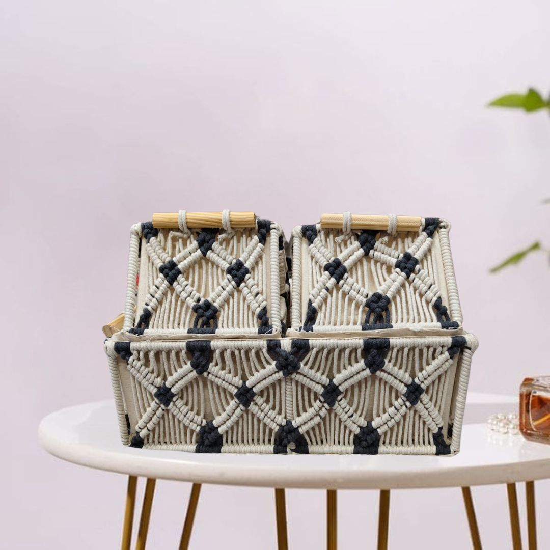 This is another chic twin-lid storage box, similar in style to the previous one, but with a black and beige macramé design. The geometric pattern and natural wooden handles give it a modern boho vibe—perfect for stylish organization.