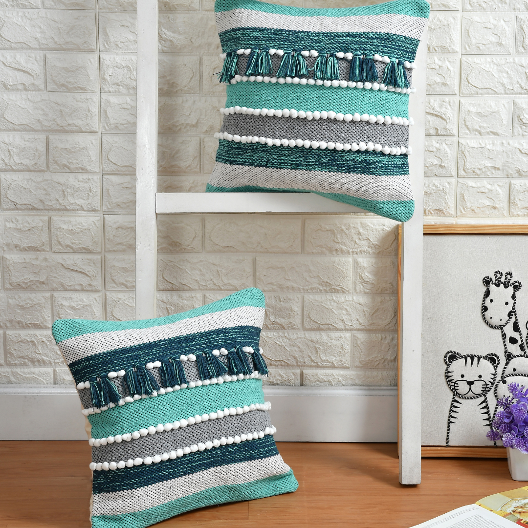 Multicolour Hand Crafted PitLoom Cushion Cover | 16 inch x 16 inch | Pack of 2 Green