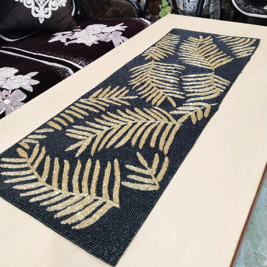 leaf black beads table runner