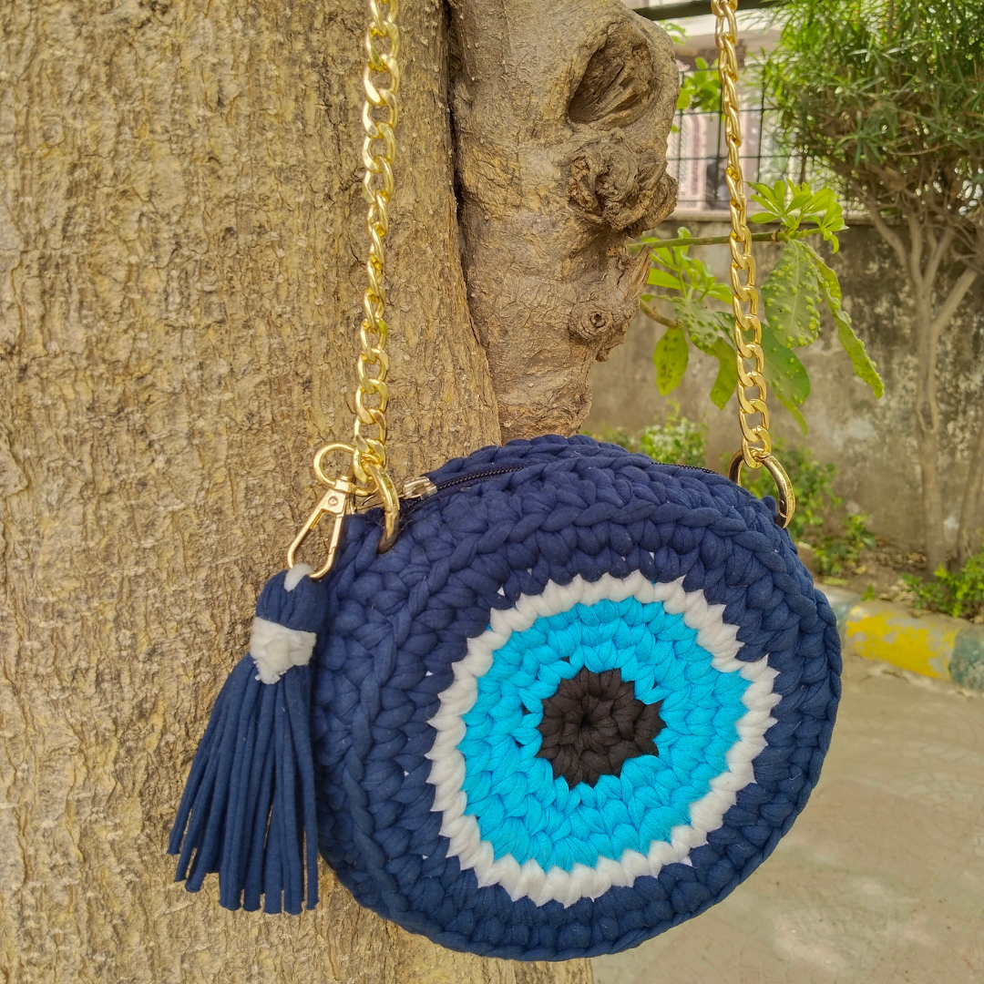 Evil Eye Blue Crochet Bag