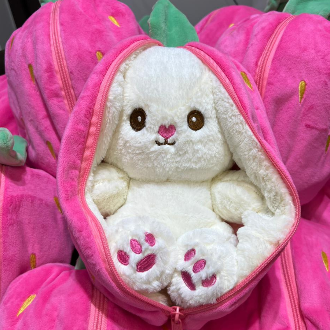 Super Plush Pillow Soft Toy with Zipper Strawberry Bunny Soft Toy for Kids and Babies