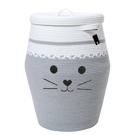 Cat-face-storage-basket-with-lid-in-grey-white-color-with-strong-handle