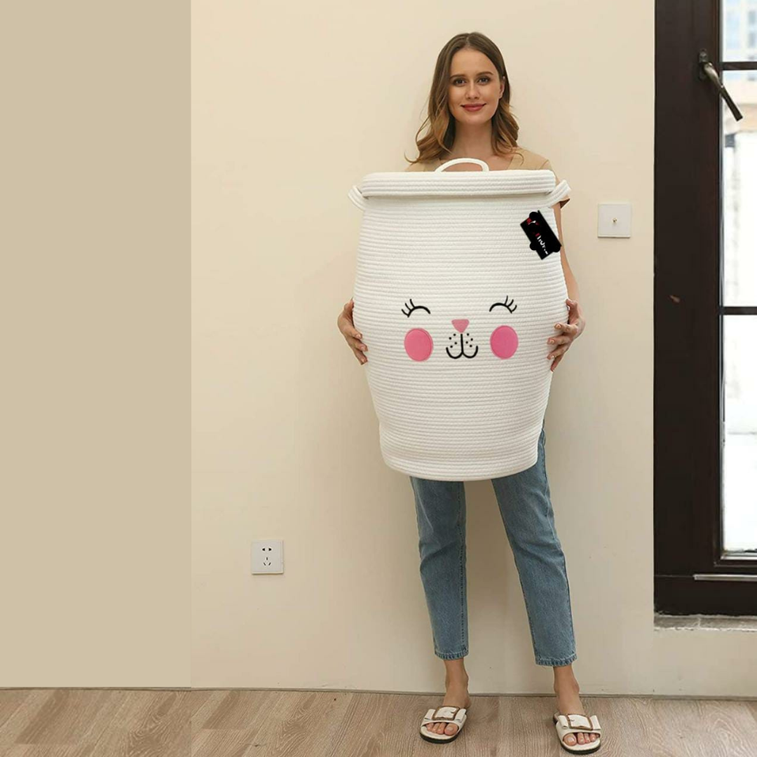 cat face storage basket with lid in white design2 color woman carrying it with strong handles in background