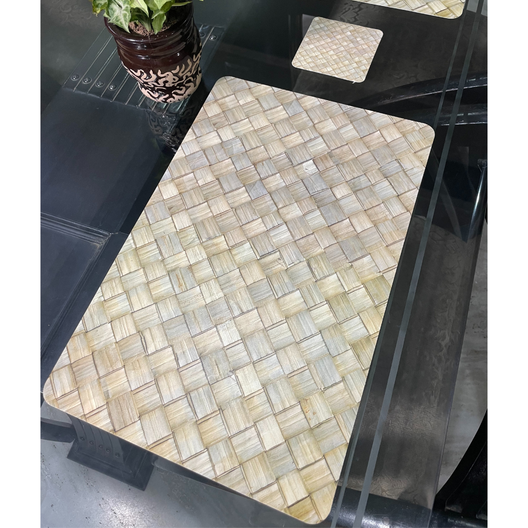 check printed design in brown color dining mats set of 6 with tea coasters placed on glass dining table zoom view