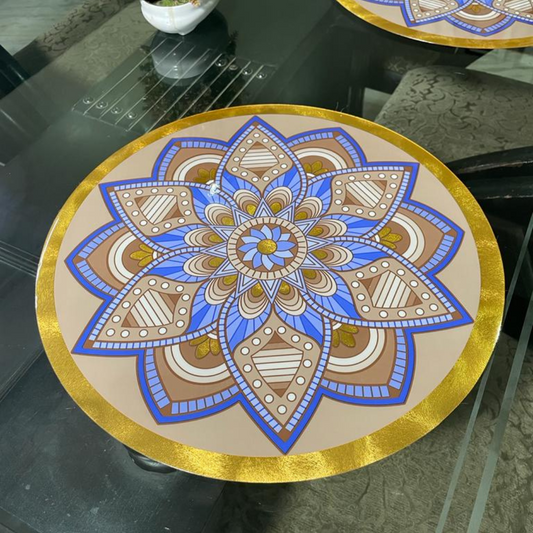 rangoli designed dining mats set of 6 placed on glass dining table floral rangoli design in blue brown color zoom view