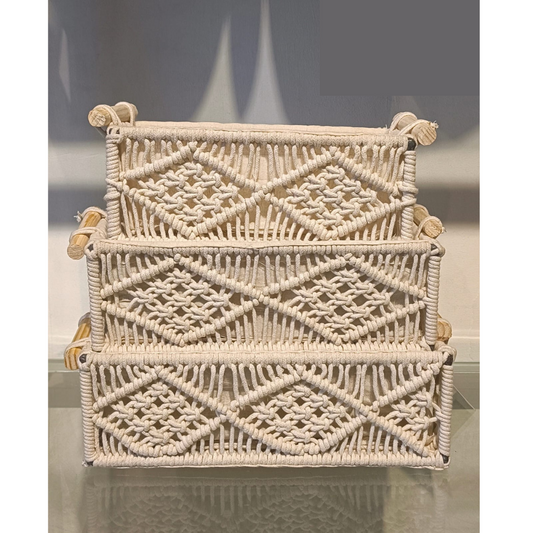 Macrame-Basket-with-wooden-Handles-Set-of 3 Knotted-Design