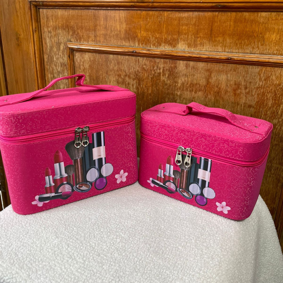 PU leather vanity box set of 2 with shiny effect in baby pink color box with double zipper closure and strong handles on top to carry