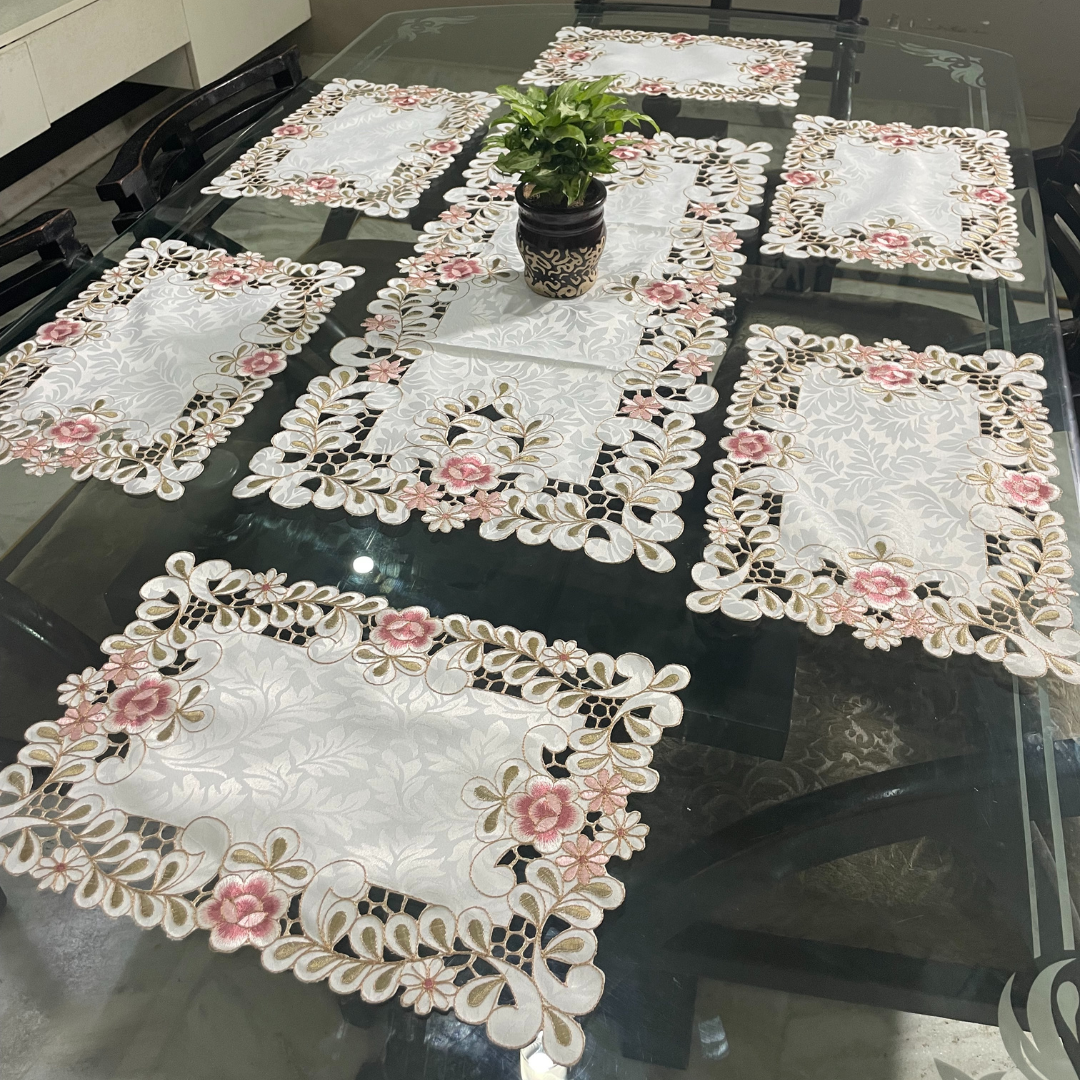  light pink floral tissue dining placemats & runner on glass dining table borders designed with cutwork pattern floral embroidered dining mats for 6 seater dining table