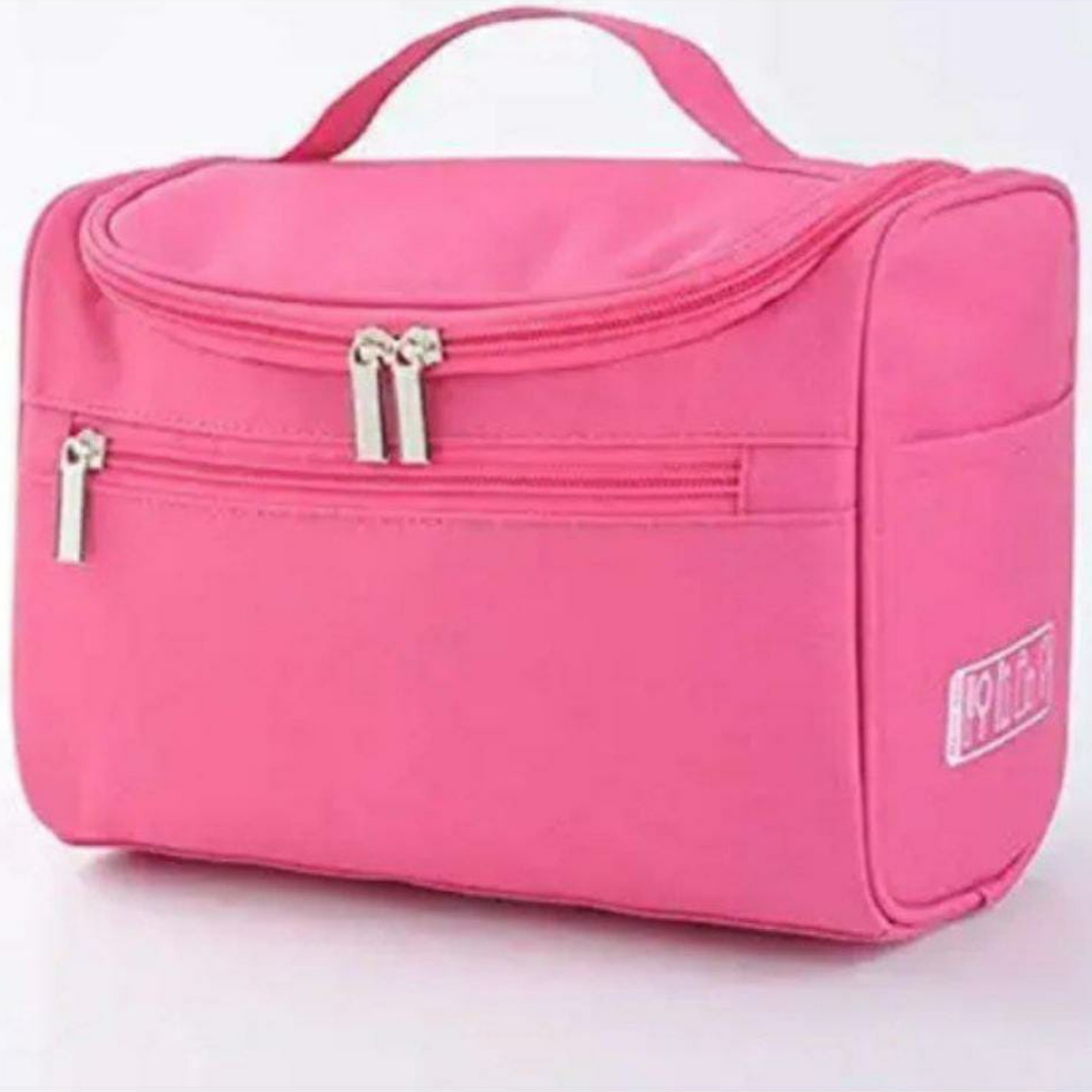 pink toiletry bag cosmetic organizer kit in pink color with zipper