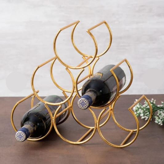 stainless steel rack for wine bottle in gold color for 6 bottles holder placed on wooden table