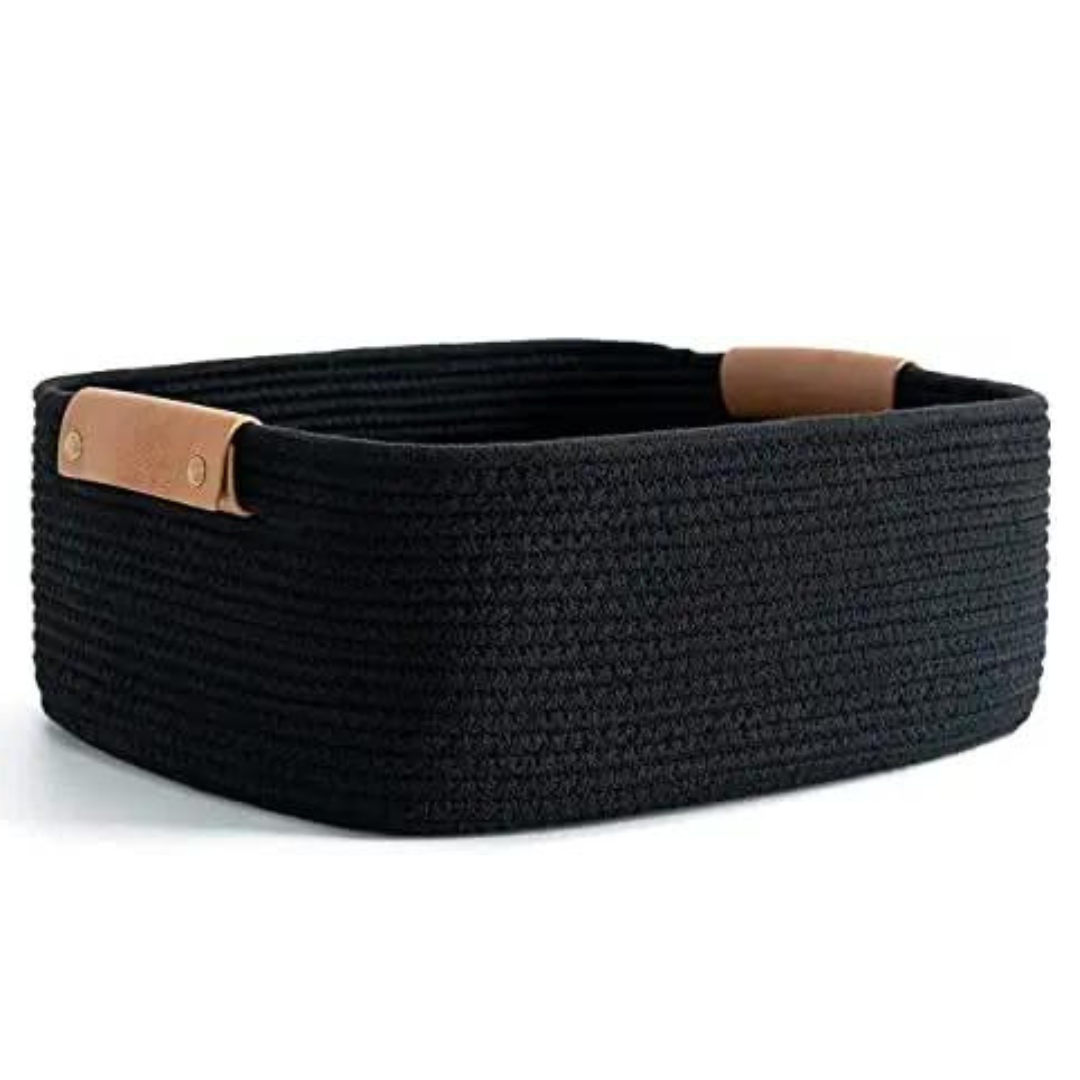 cotton-basket-in-black-color-rectangular-shape-small-decorative-handles-placed-on-white-base