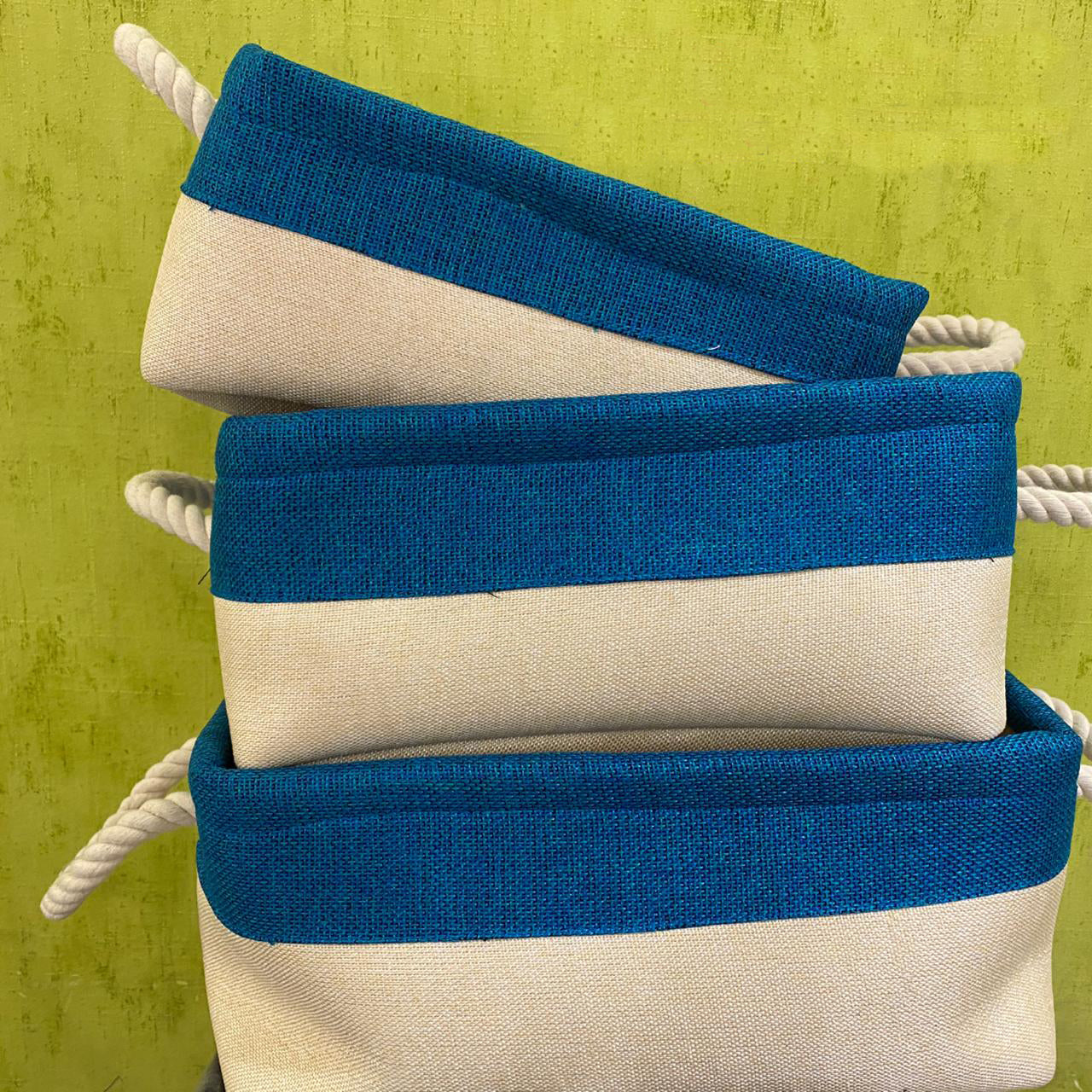 blue-beige-color-jute-storage-basket-with-drawstring-handle-in-three-sizes-rope-handle-to-store-purpose