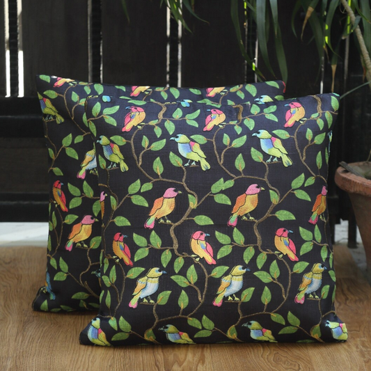 loomsmith-parrot-embroidered-square-cushion-cover-set-of-2-parrot-leaves-embroidered-zip-at-back-black-color