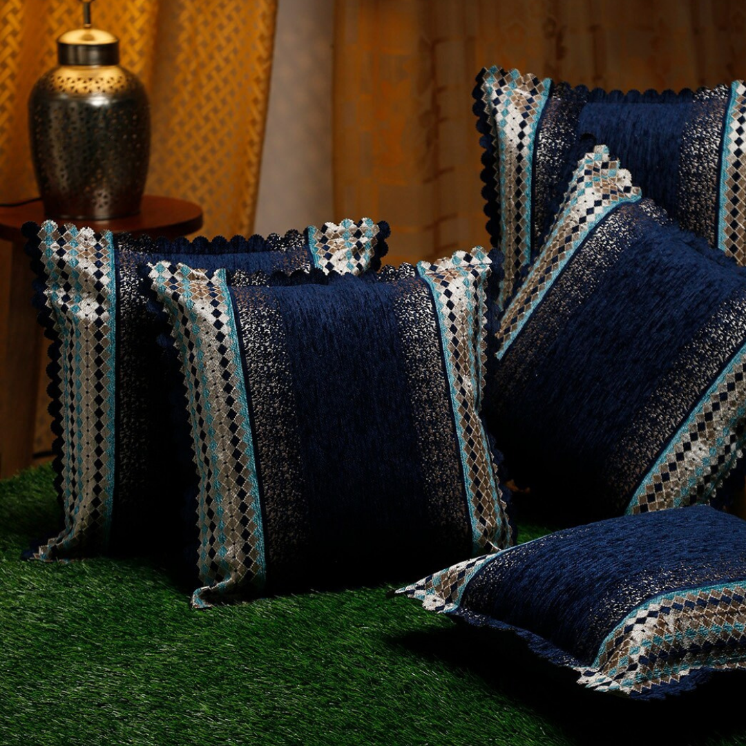 Loomsmith-velvet-cushion-cover-in-square-shape-navy-blue-color-all-four-sides-border-cut-design-shiny-look