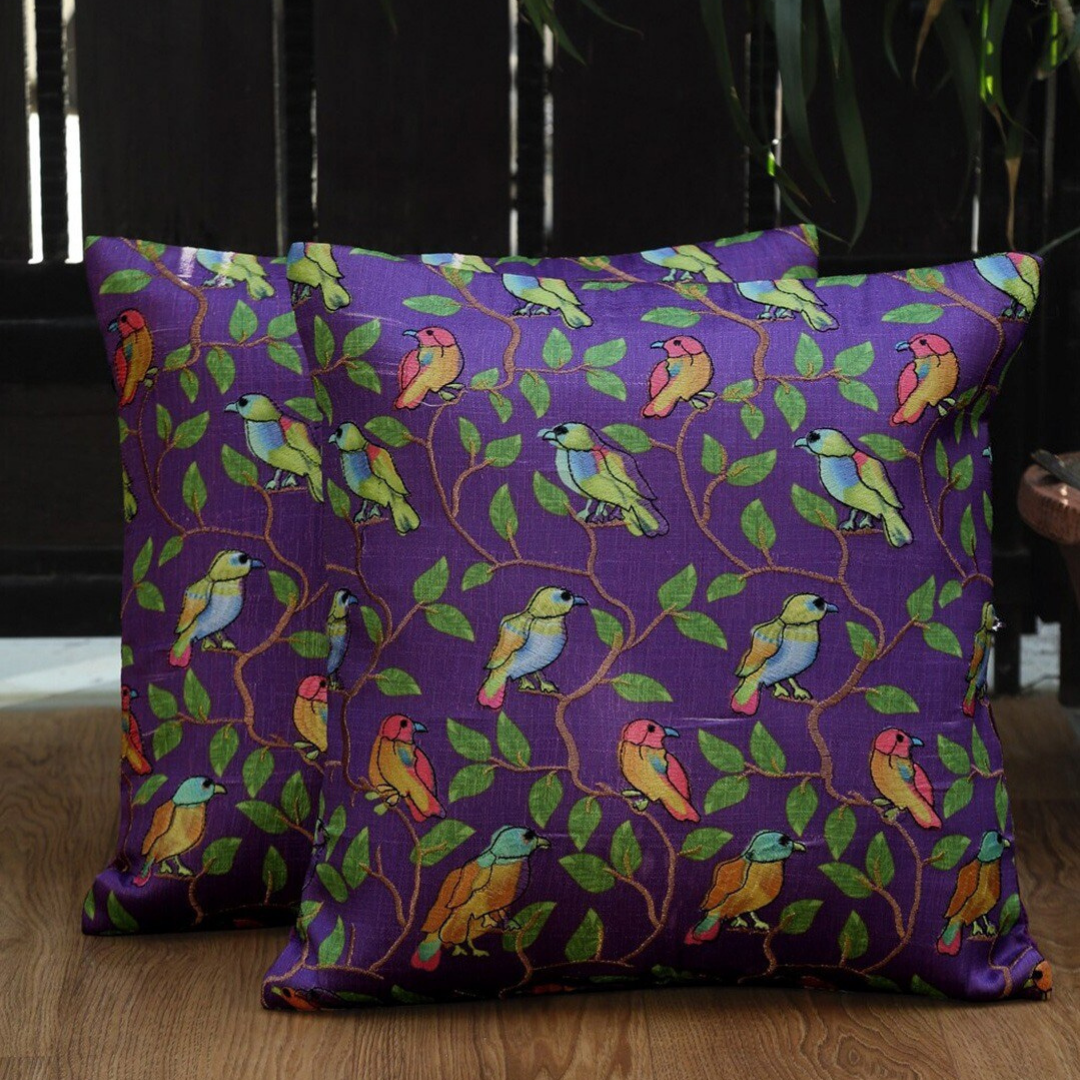 loomsmith-parrot-embroidered-square-cushion-cover-set-of-2-parrot-leaves-embroidered-zip-at-back-purple-color