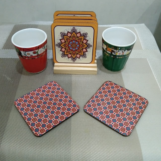loomsmith-reversible-square-printed-wooden-coaster-set-of-six-with-wooden-stand-in-orange-color