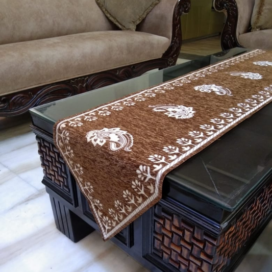 loomsmith-chenille-table-runner-floral-print-side-view-glass-table-brown-color