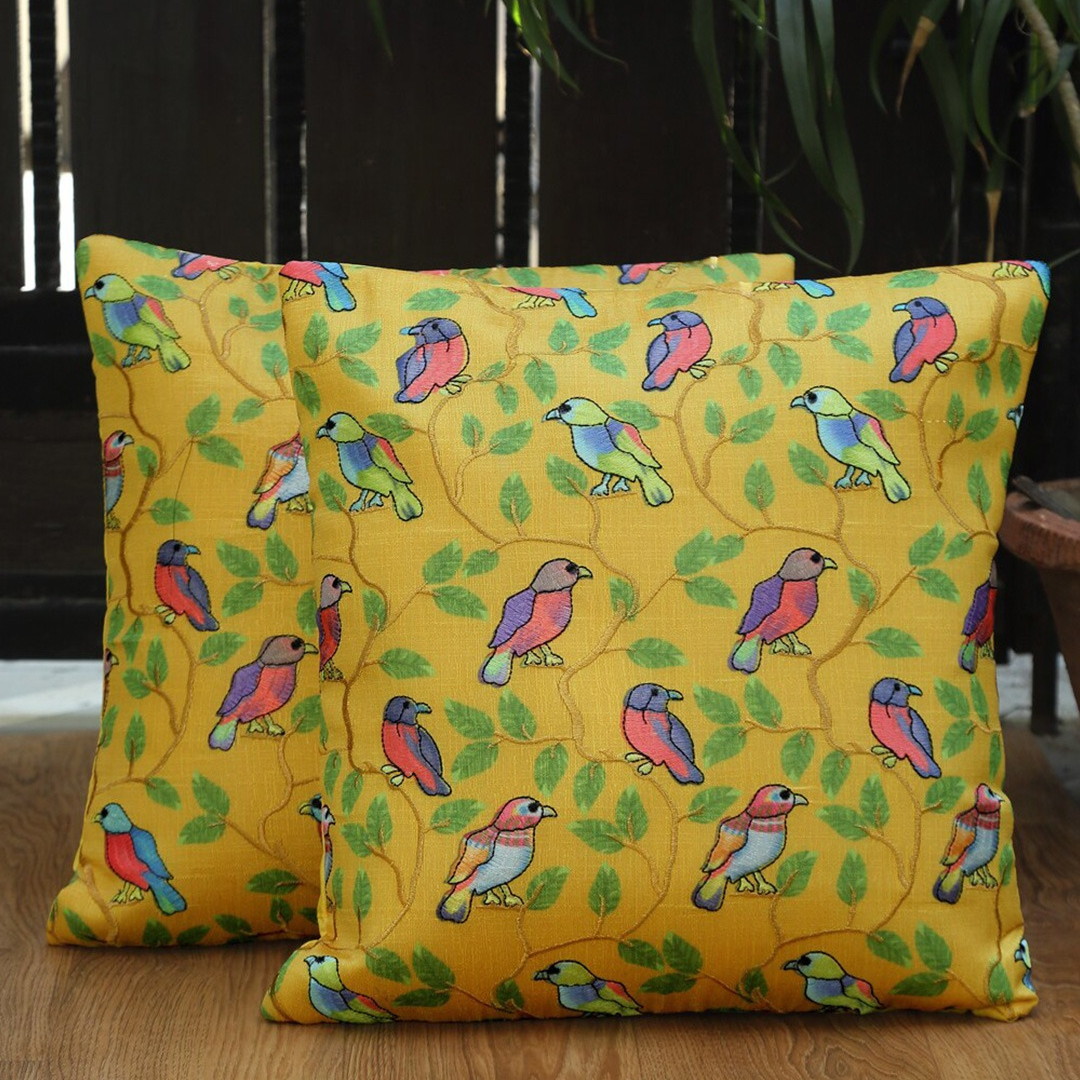 loomsmith-parrot-embroidered-square-cushion-cover-set-of-2-parrot-leaves-embroidered-zip-at-back-yellow-color