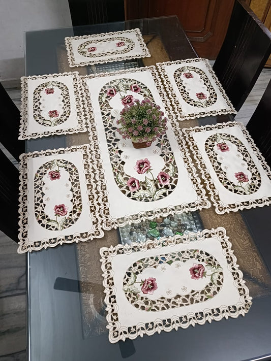 Cotton Silk Embroidered Rectangle Table Mats + Runner (Combo)