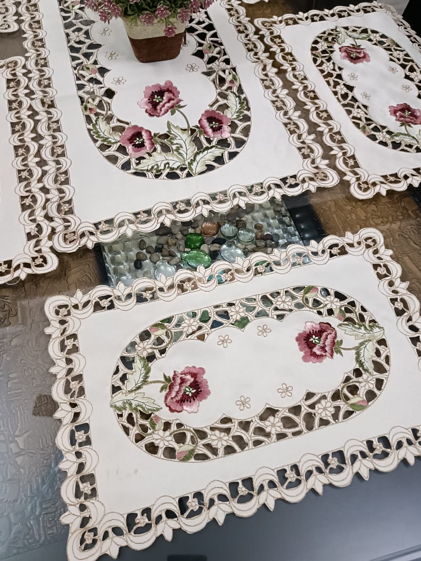 Cotton Silk Embroidered Rectangle Table Mats + Runner (Combo)