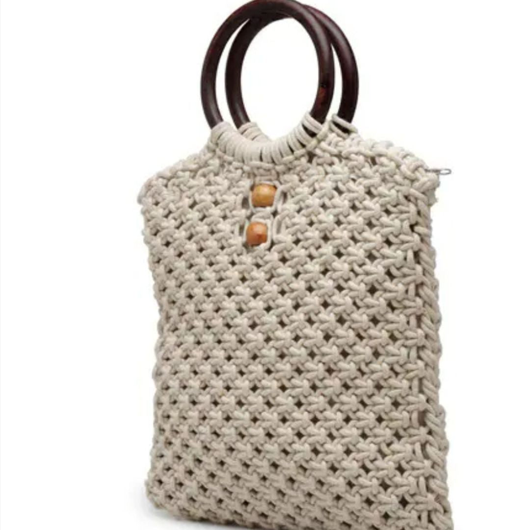 Macrame Knotted hand Bag with wooden handle