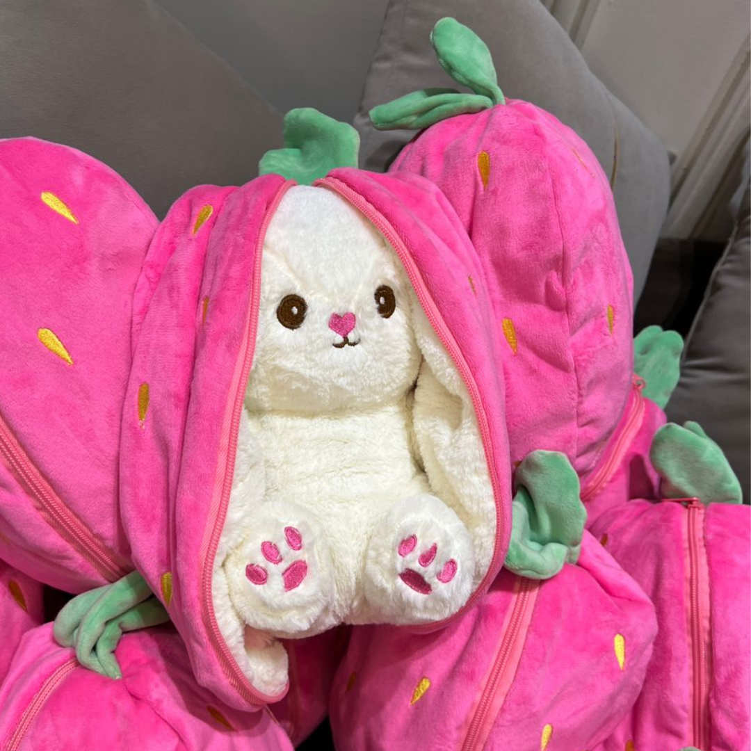 Super Plush Pillow Soft Toy with Zipper Strawberry Bunny Soft Toy for Kids and Babies