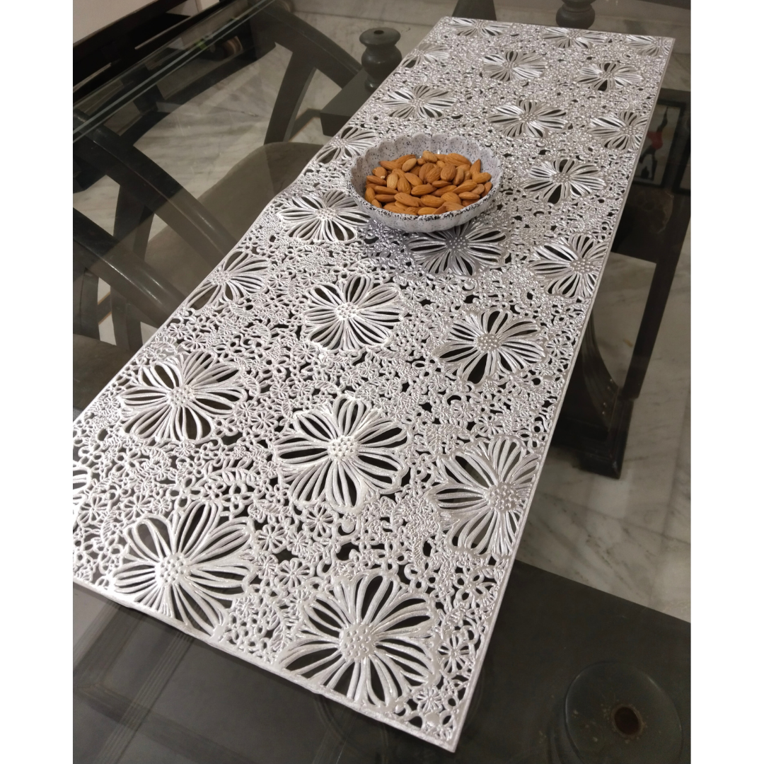 Designer Laser Cut Runner for Dining Table Silver Design-1