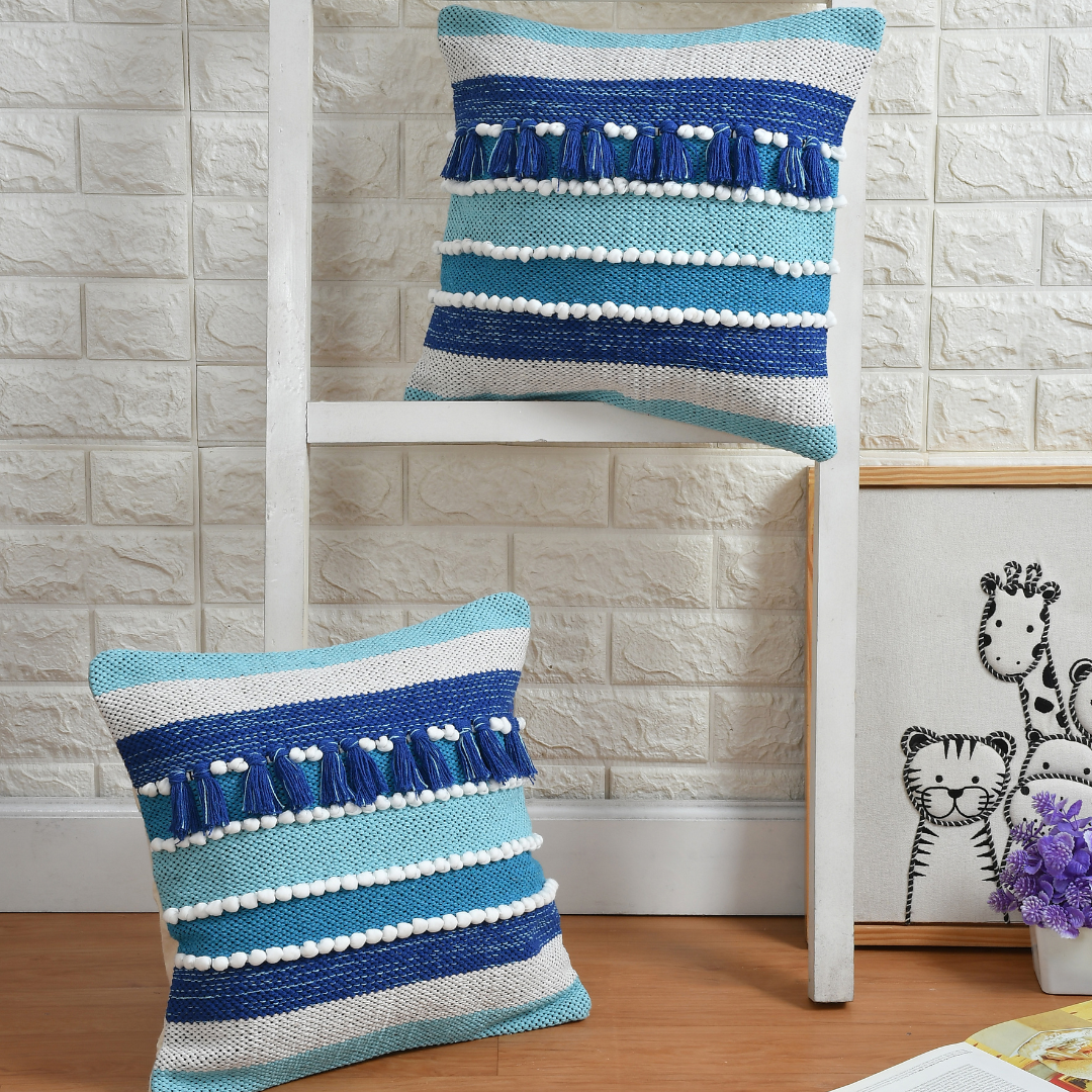 Hand Crafted PitLoom Cushion Cover | 16 inch x 16 inch | Pack of 2 Blue