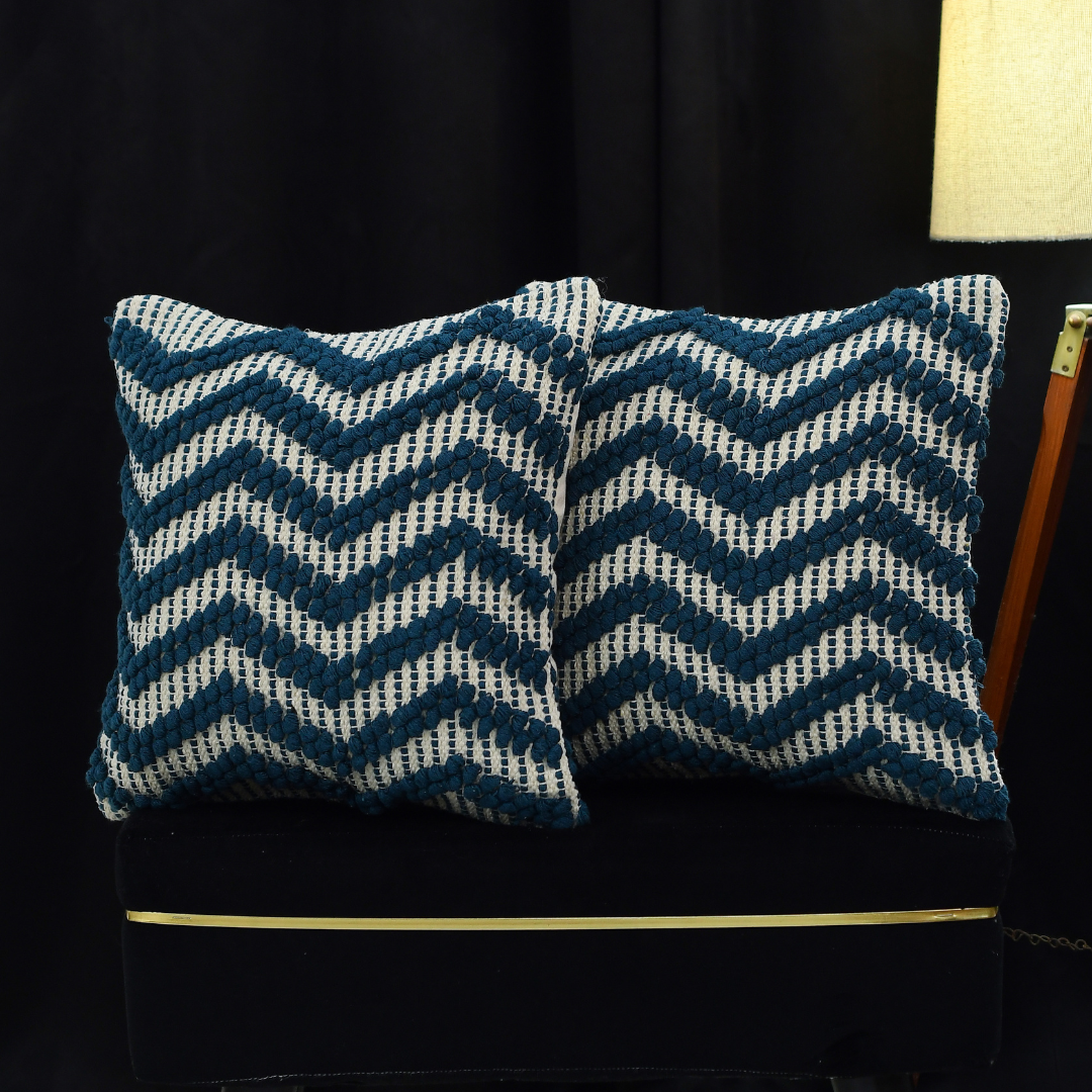 Hand Crafted PitLoom Cushion Cover | 16 inch x 16 inch | Pack of 2 dark blue and white