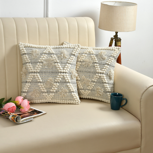 Hand Crafted PitLoom Cushion Cover | 16 inch x 16 inch | Pack of 2 Cream