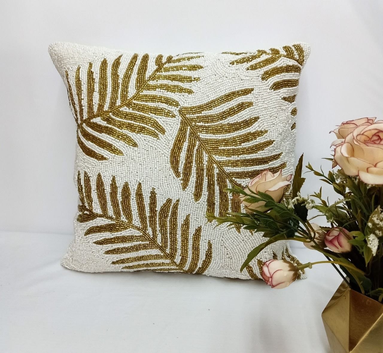 Cotton White And Golden Beaded Cushion Cover