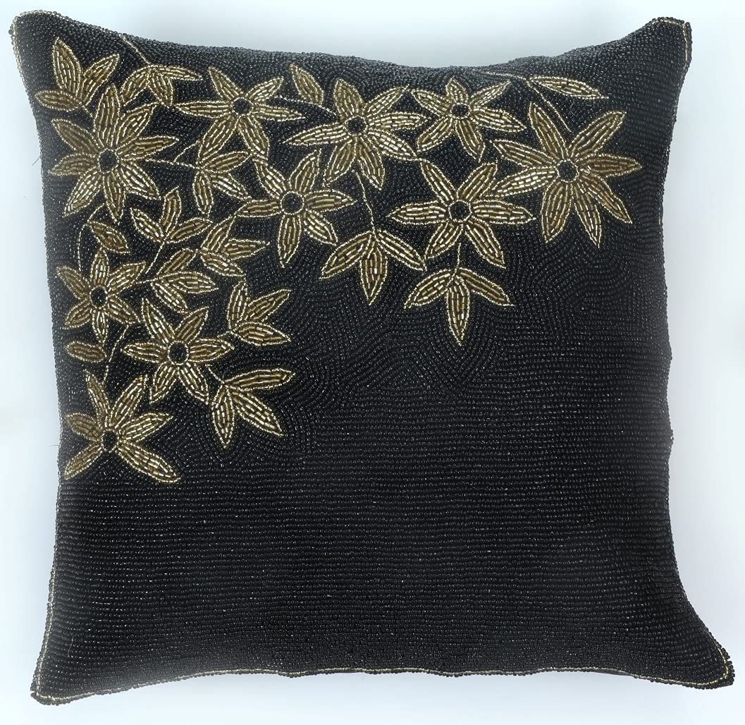 Black And Golden Beaded Cushion Cover