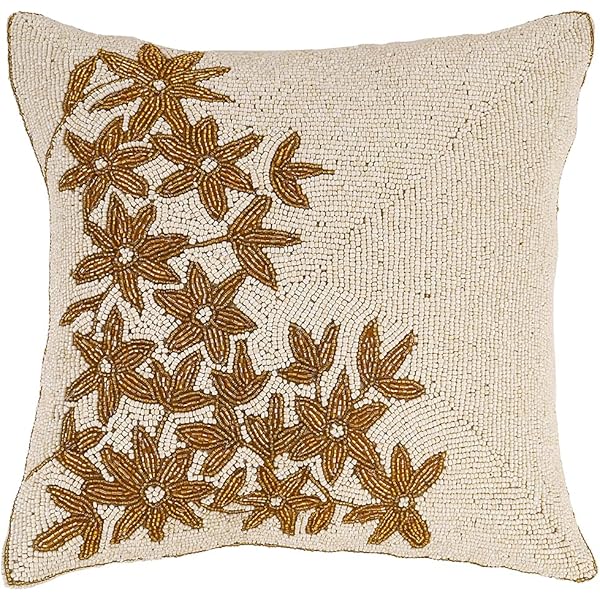 Cotton White And Golden Beaded Cushion Cover