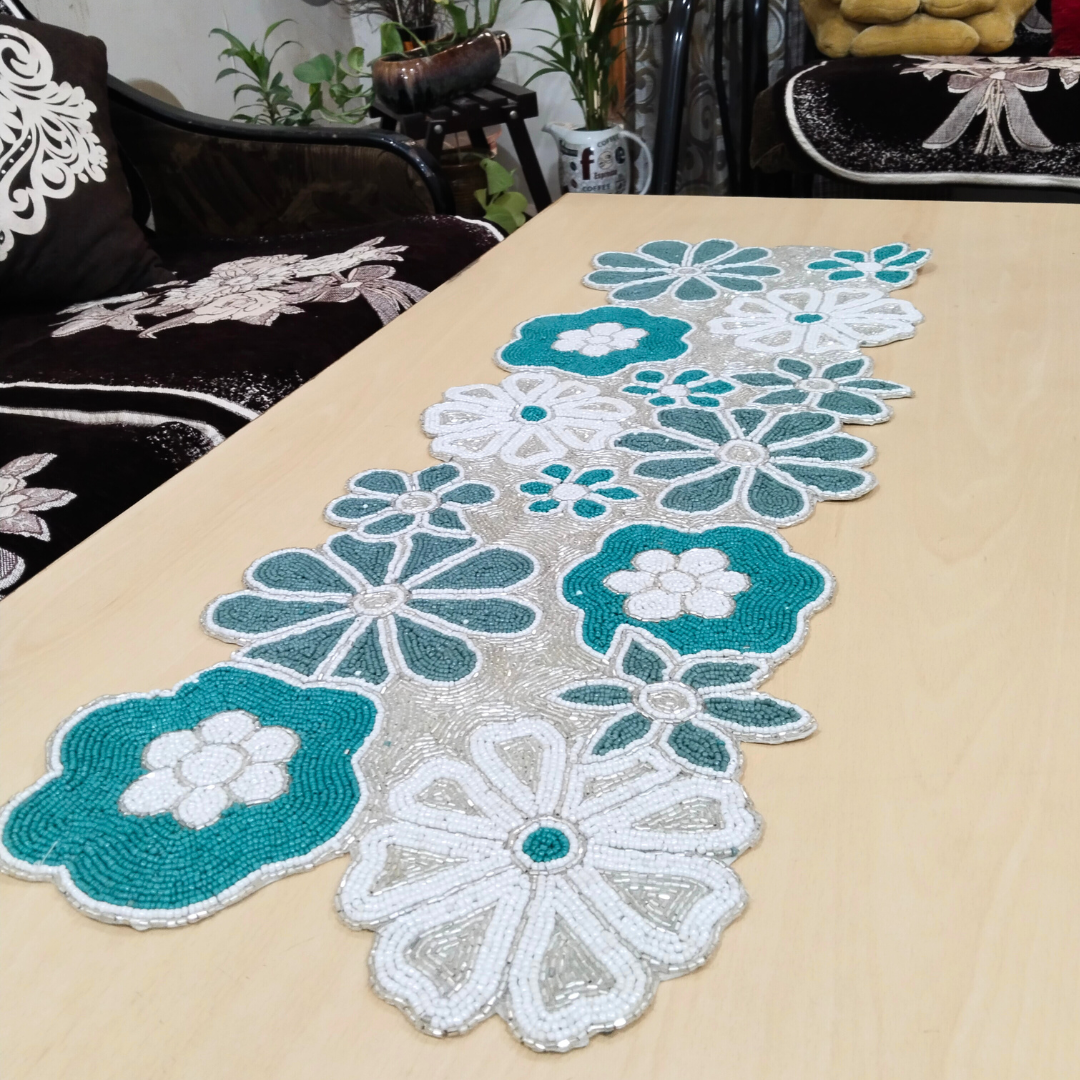 blue and white floral beaded table runner 